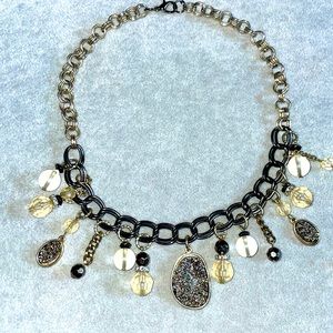 Gunmetal & silver rope chainlink deco necklace with beads, gems, & druzy stones